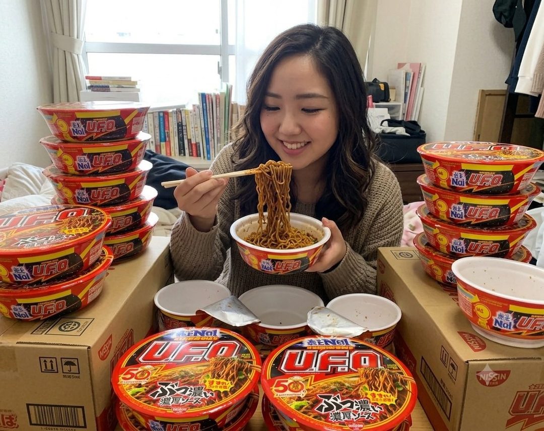 A young woman happily eats a bowl of instant noodles, surrounded by many more bowls of instant noodles.