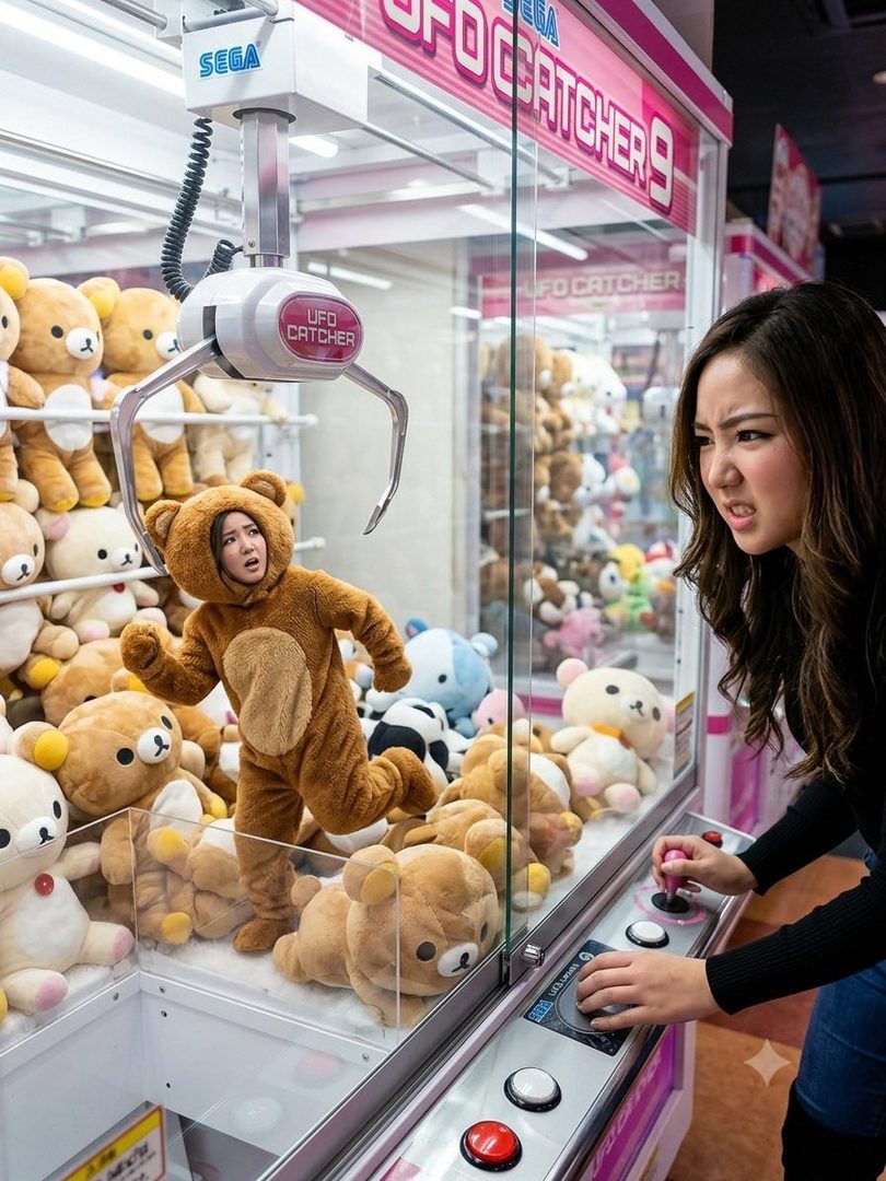 A woman with a determined expression plays a UFO catcher game, trying to grab a person in a bear costume among plush toys.