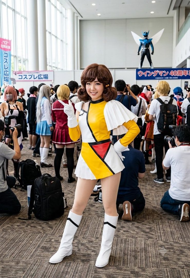 A smiling woman in a yellow, white, and red geometric cosplay outfit with white boots poses indoors at an event.