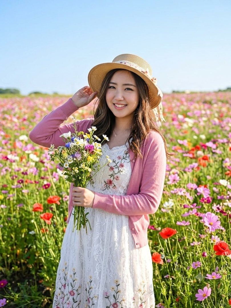 A young woman in a white dress and pink cardigan stands in a field of colorful flowers, holding a bouquet and smiling.