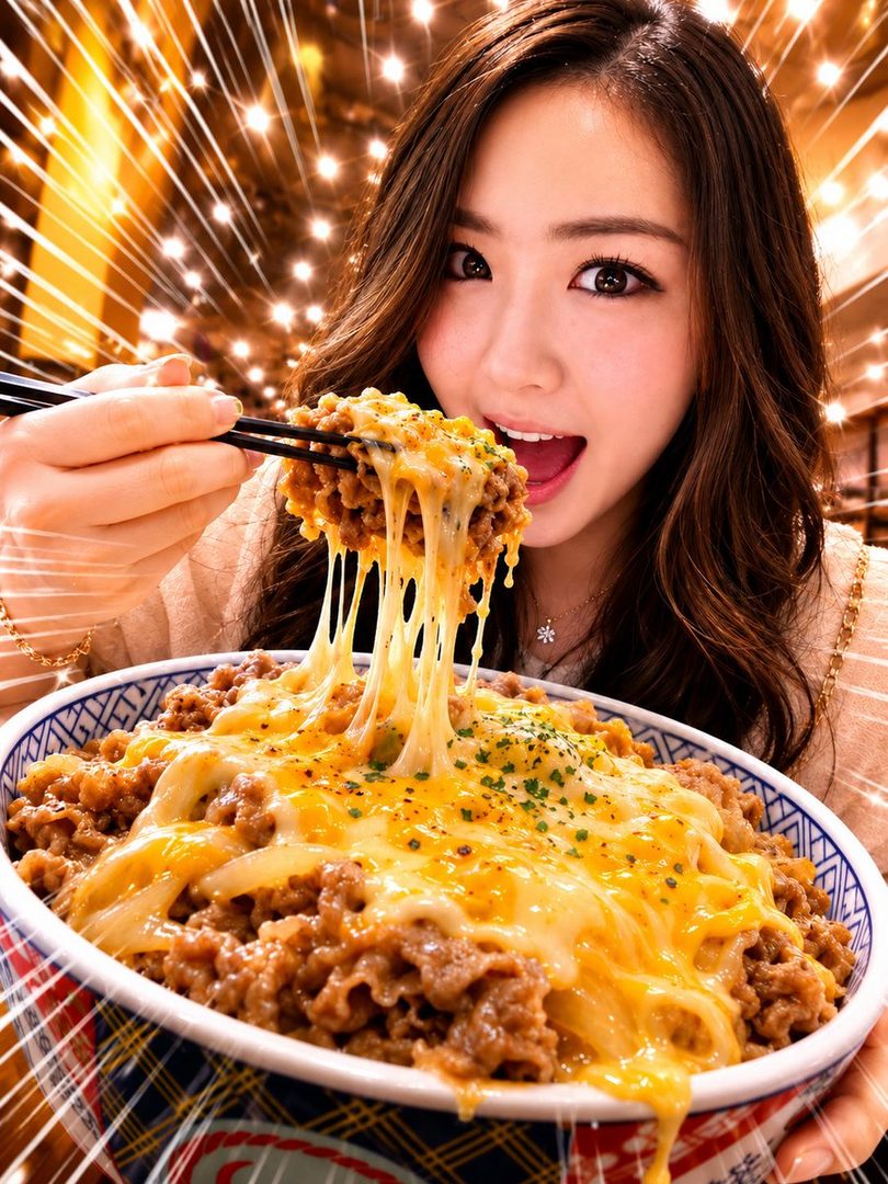 A young woman with long brown hair is about to eat a large bowl of cheesy beef with chopsticks, with a bright, sparkling background.