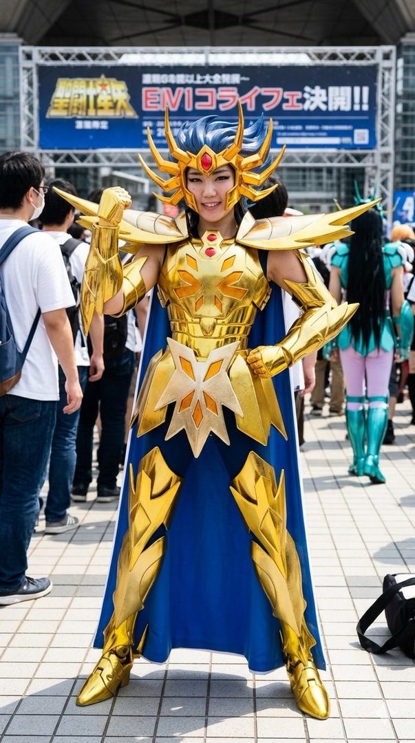A cosplayer dressed as a character from Saint Seiya, wearing golden armor and a blue cape, stands outdoors at an event.