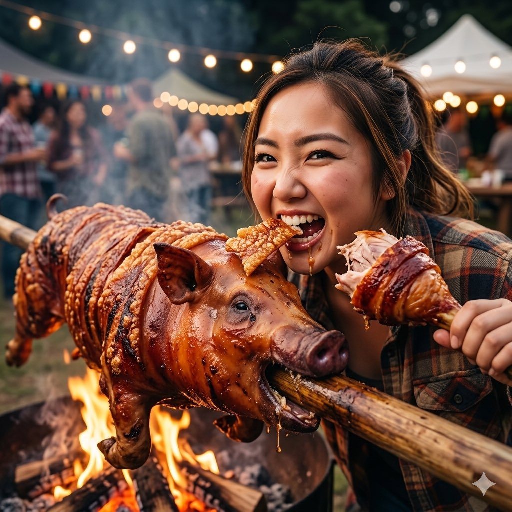 A young woman happily eats a piece of crispy skin from a whole roasted pig on a spit over a fire at an outdoor gathering.