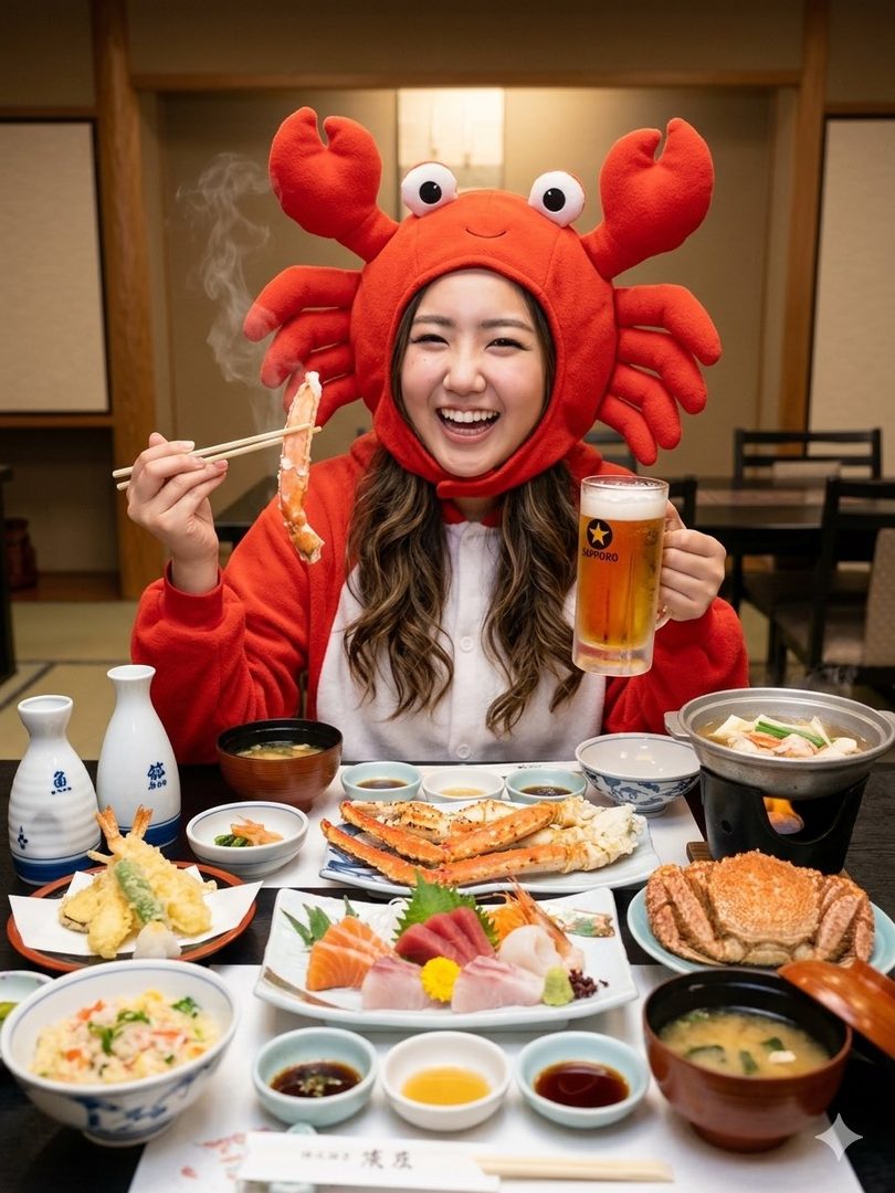A cheerful woman in a crab costume holds up a crab leg with chopsticks and a glass of beer, surrounded by a feast of Japanese crab dishes.