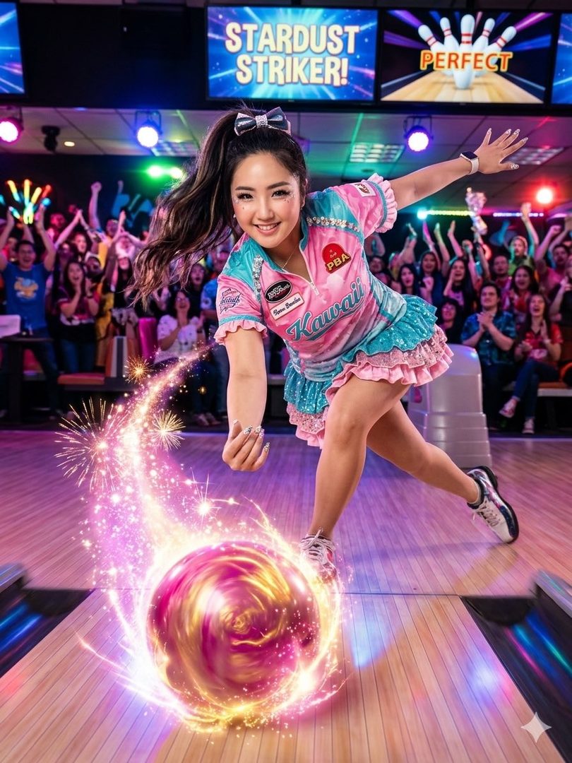 A young woman in a pink and blue bowling outfit throws a glowing bowling ball down an alley, with a crowd cheering in the background.