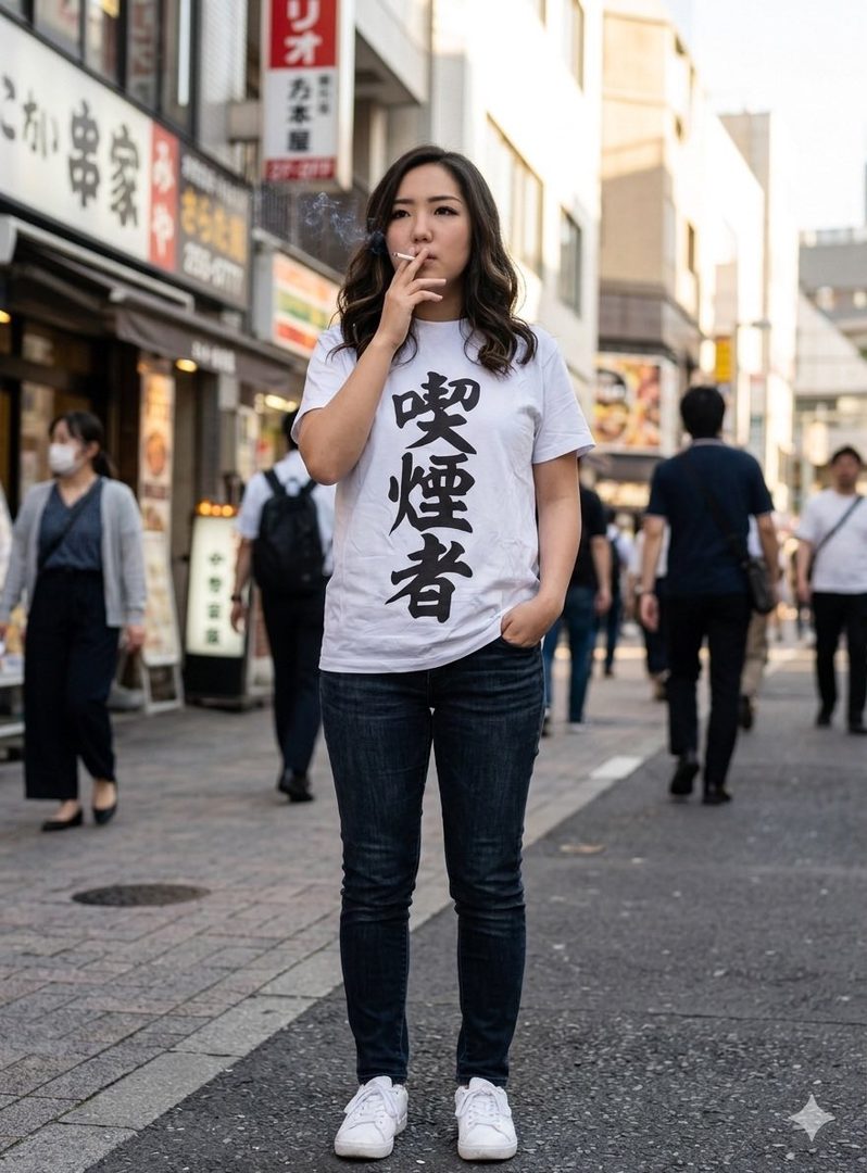 A young woman with long brown hair, wearing a white t-shirt with Japanese characters and jeans, stands on a city street and smokes a cigarette.