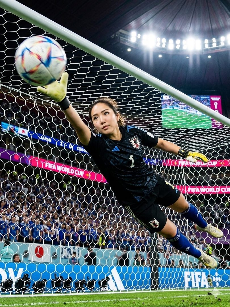 A photorealistic image of a Japanese female soccer goalkeeper in a black jersey making a save during a FIFA World Cup match.