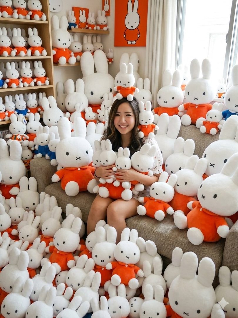 A young woman smiles while surrounded by numerous Miffy plush toys in an indoor setting.