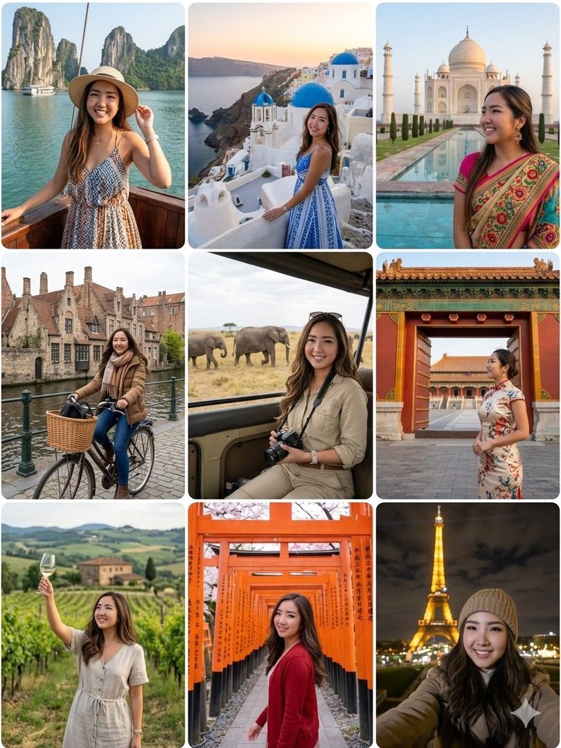 A collage of nine photorealistic portraits of a young East Asian woman traveling to different countries, including Vietnam, Greece, India, Belgium, Kenya, China, Italy, Japan, and France.