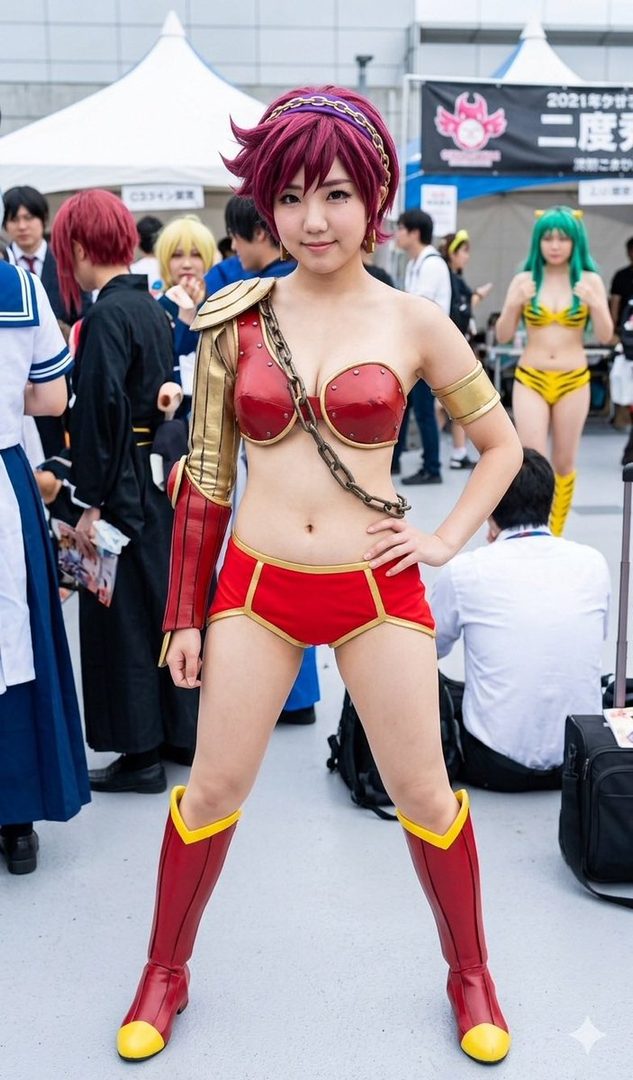A cosplayer dressed as Benten from Urusei Yatsura, wearing a red and gold outfit, poses outdoors at an event.