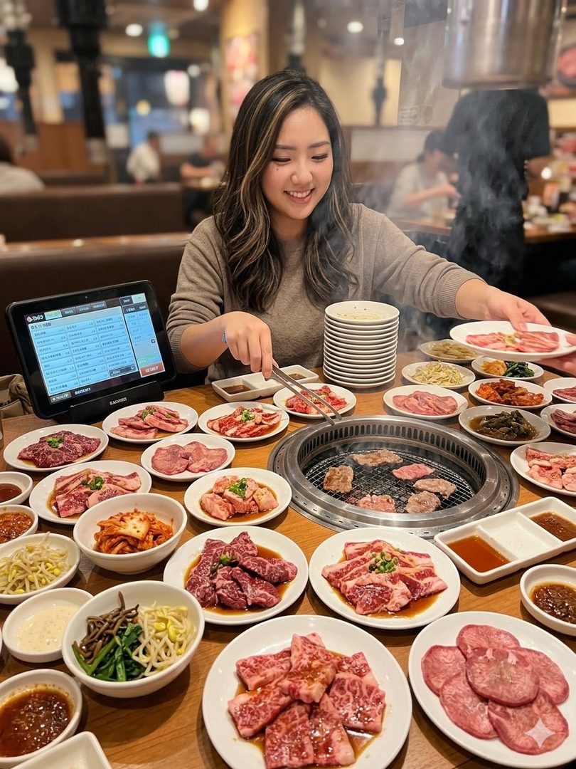 A young woman with long brown hair smiles while enjoying a yakiniku meal with many plates of meat and side dishes on the table.