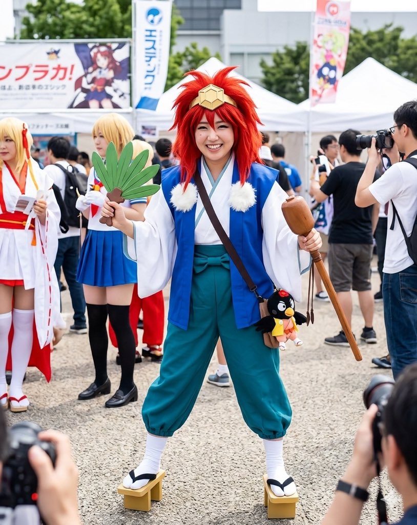 A smiling woman in a red wig and blue and white cosplay outfit, holding a fan and a wooden mallet, stands outdoors at an event.