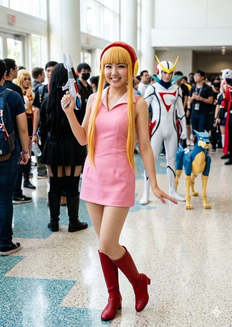 A young woman cosplaying in a pink dress and red boots, holding a prop gun, stands indoors at an event.