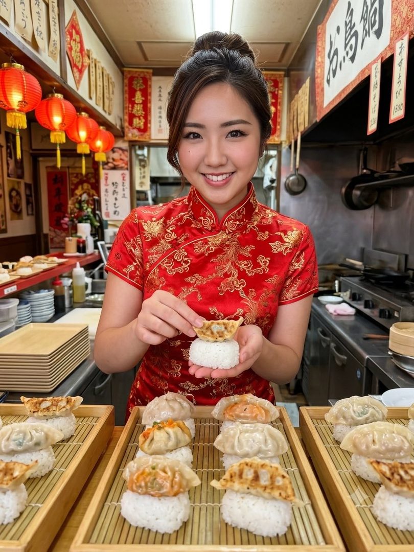 A smiling woman in a red cheongsam holds a gyoza over a rice ball in a restaurant setting with red lanterns.
