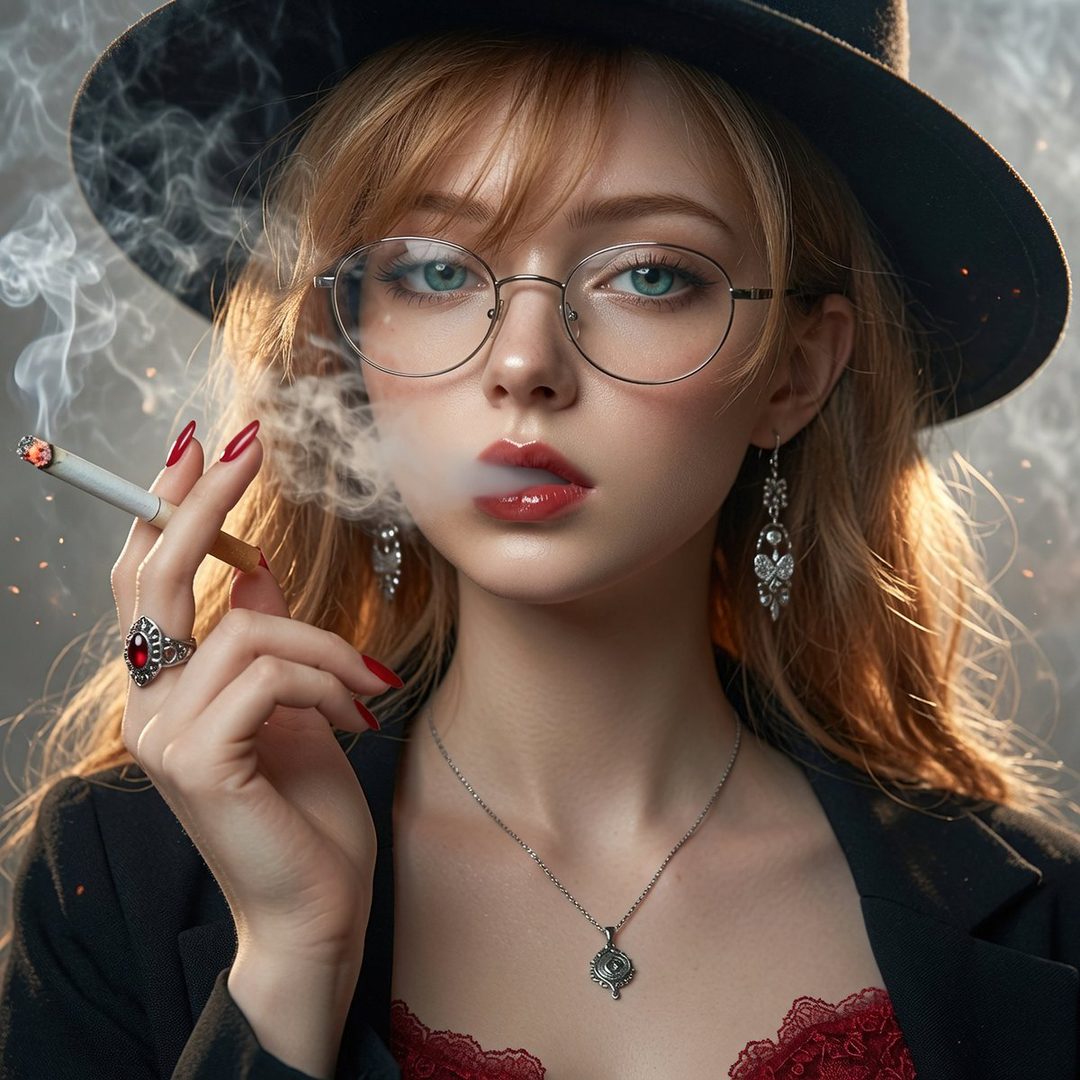 A photorealistic portrait of a woman with blonde hair, glasses, and red lipstick, smoking a cigarette.