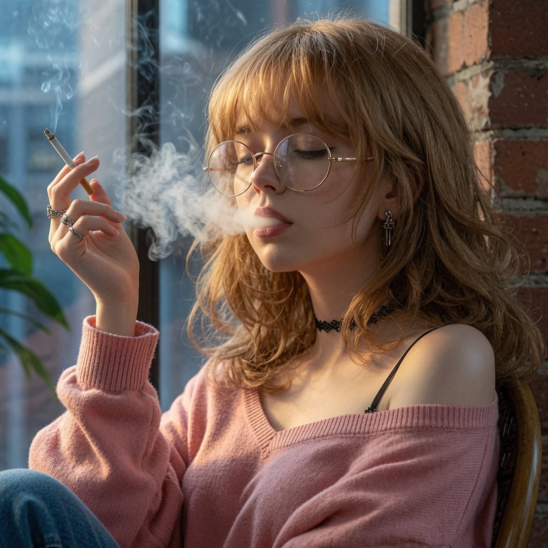 A young woman with blonde hair and glasses exhales smoke from a cigarette, wearing a pink sweater indoors during golden hour.