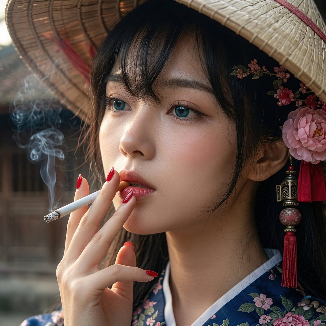 A photorealistic portrait of a woman with black hair and blue eyes, wearing a traditional East Asian conical hat and a floral kimono, holding a lit cigarette.