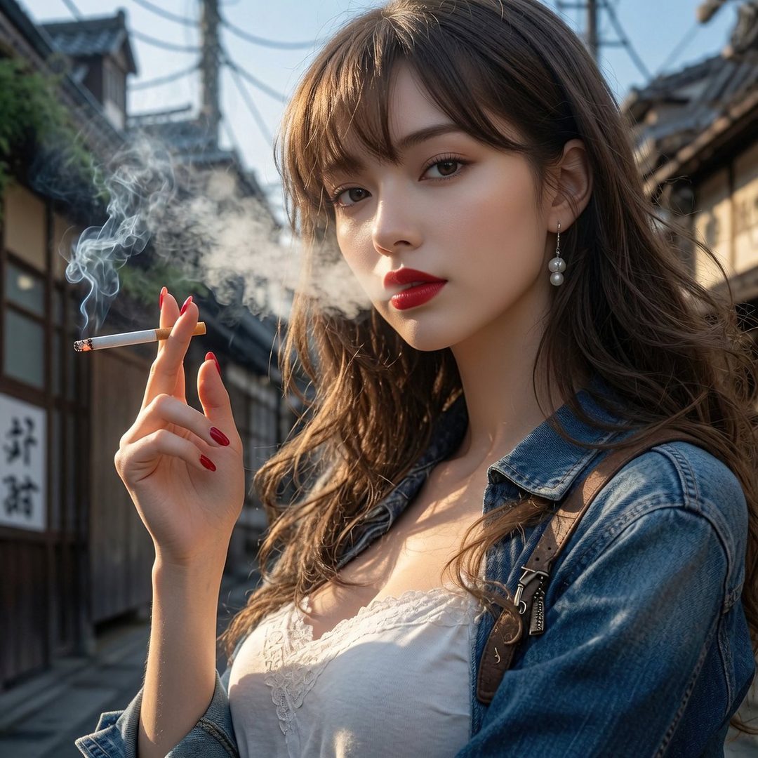 A photorealistic portrait of a young woman with long brown hair and bangs, wearing a denim jacket and white top, smoking a cigarette on a street.