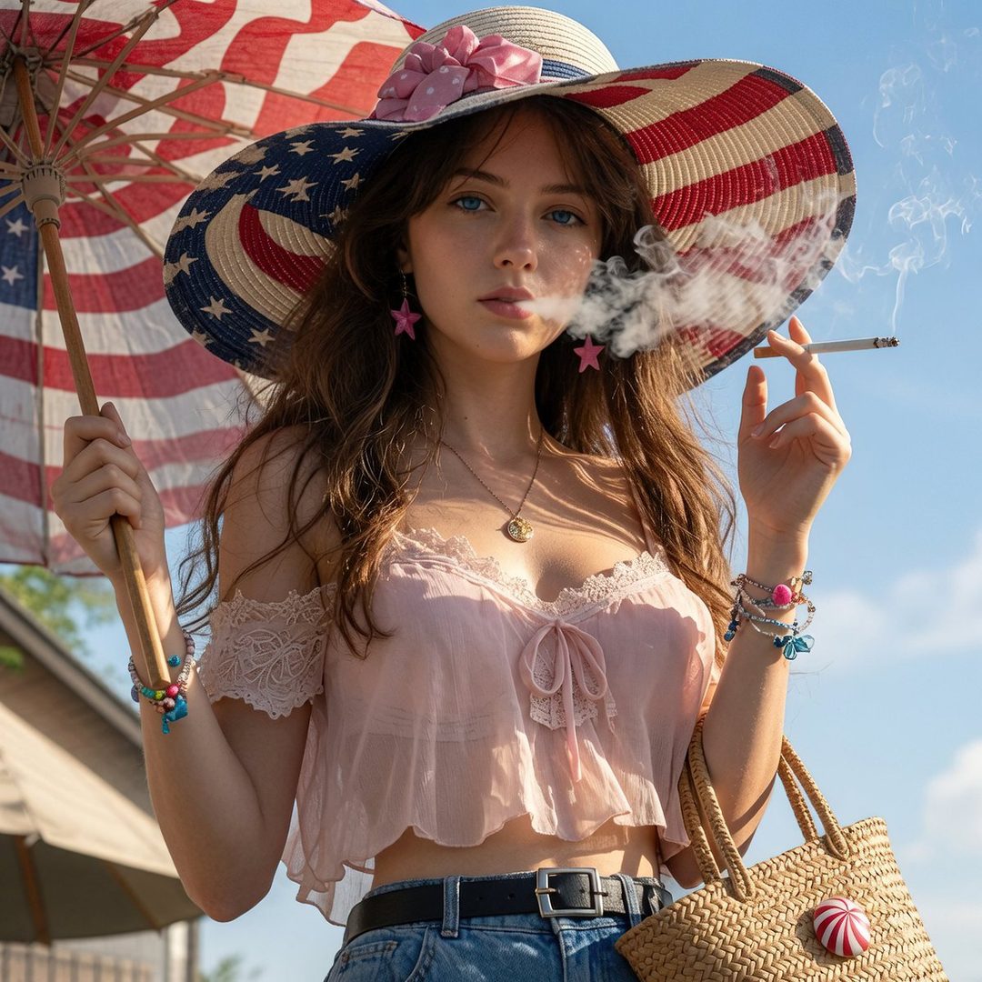 A young woman with long brown hair and blue eyes, wearing a pink top and a stars and stripes hat, holds an umbrella and smokes a cigarette outdoors.