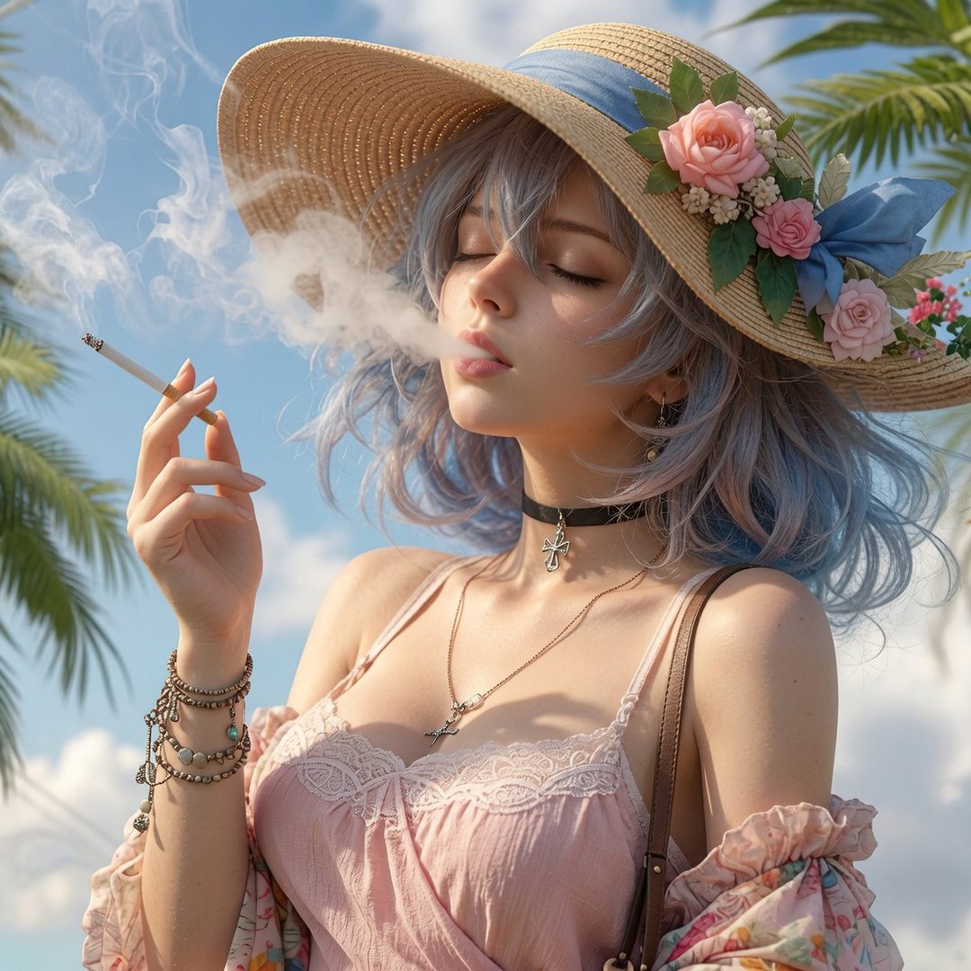 A woman with blue hair and a straw hat adorned with flowers smokes a cigarette outdoors, with palm trees and a blue sky in the background.