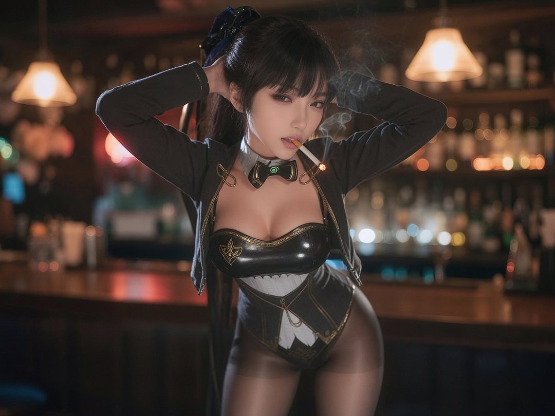 A photorealistic image of a woman with black hair and bangs, wearing a black and gold outfit with a bow tie, smoking a cigarette in a dimly lit bar.