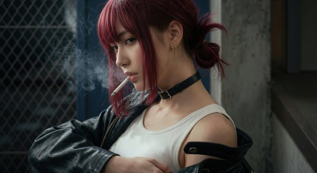 A woman with red hair and a black choker smokes a cigarette, exhaling smoke, while wearing a white tank top and a black leather jacket.