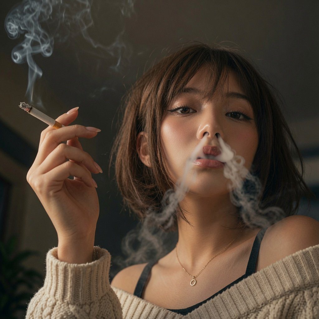 A photorealistic portrait of an East Asian woman with short brown hair, wearing a beige off-the-shoulder sweater, exhaling smoke from a cigarette.