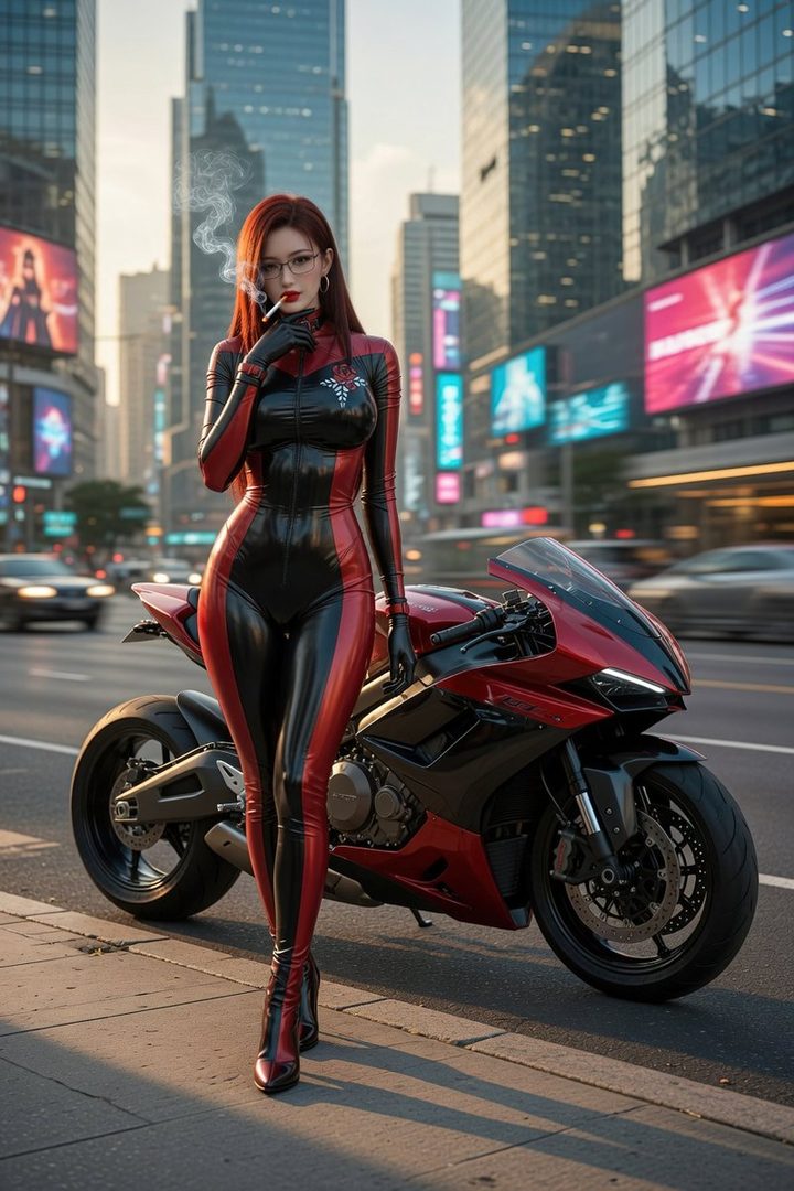 A woman in a red and black latex suit stands next to a red motorcycle on a city street, smoking a cigarette.