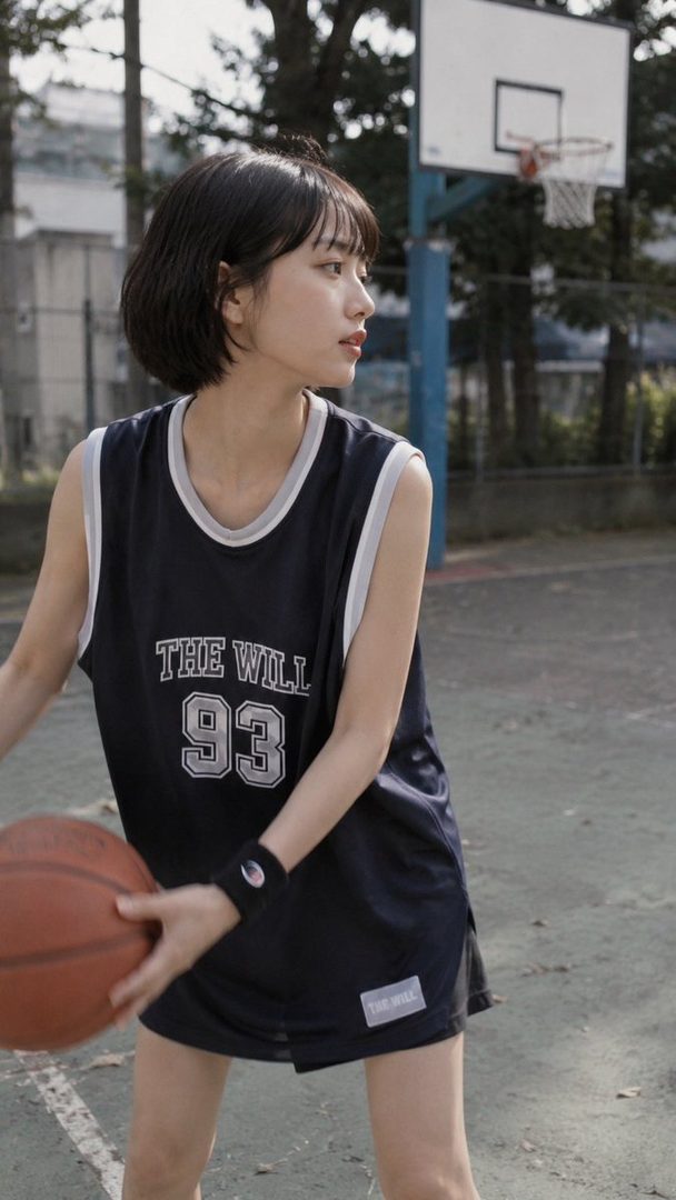 A young woman with short black hair wears a black basketball jersey and holds a basketball on an outdoor court.