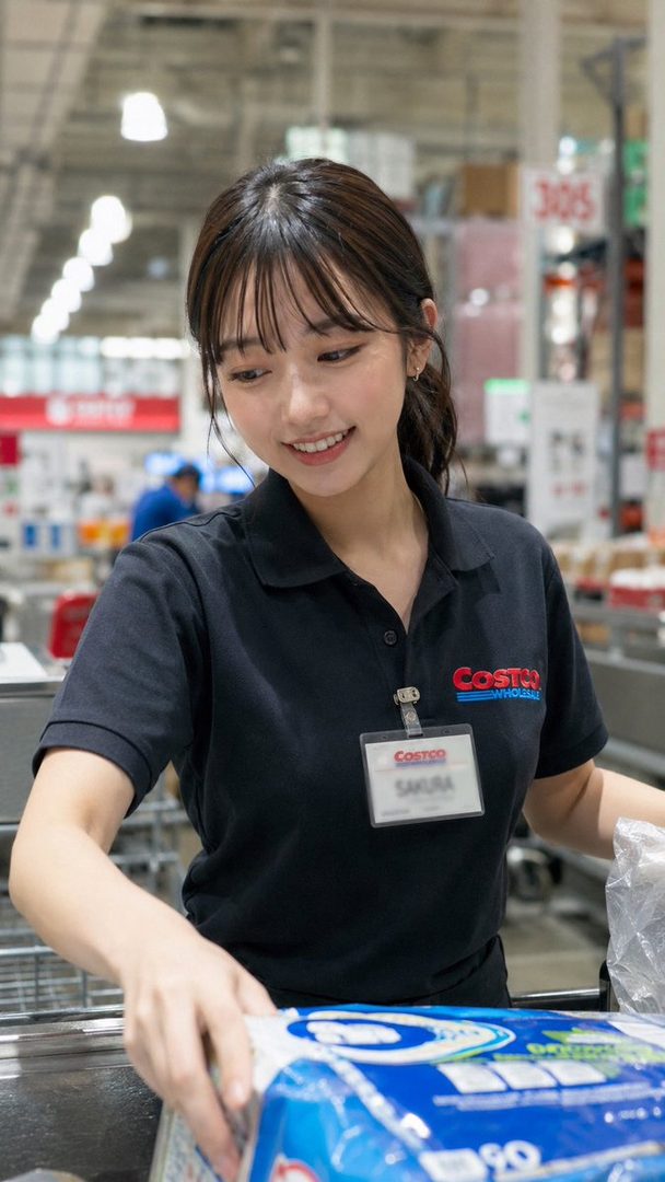 A smiling young woman with bangs and a ponytail, wearing a black Costco uniform shirt and a name tag that says "Sakura," is scanning items at a checkout counter in a brightly lit warehouse store.