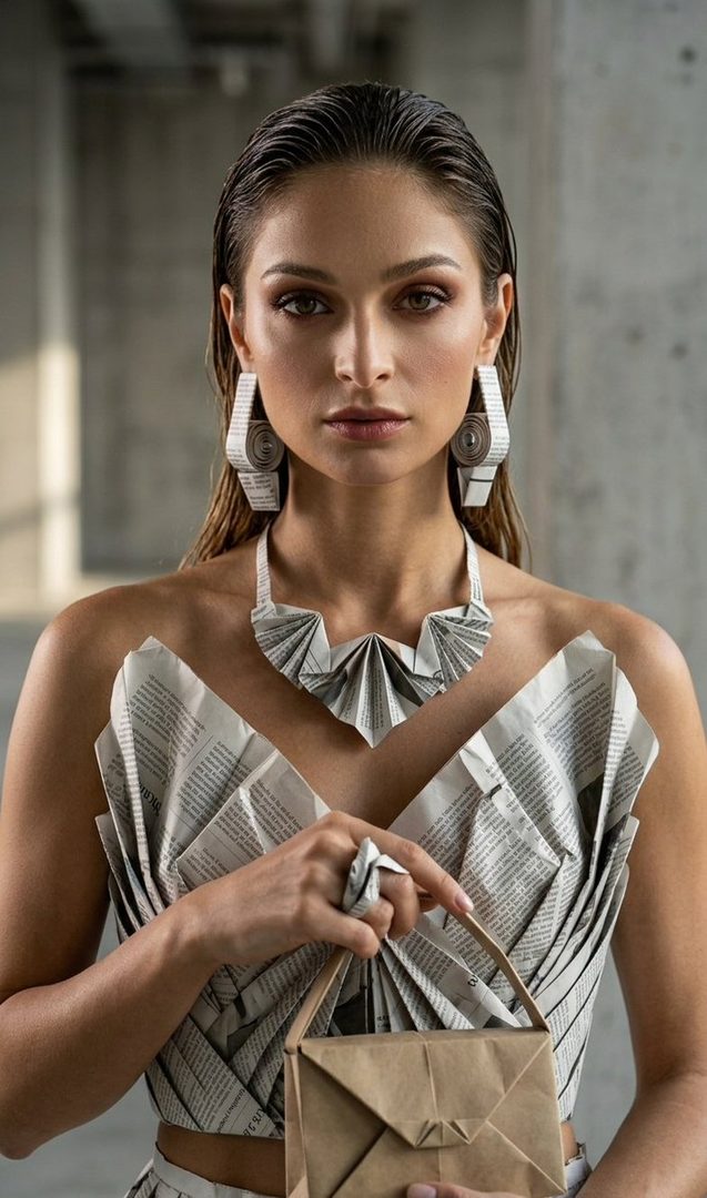 A woman wearing a dress, necklace, earrings, and ring all made from folded newspaper, holding a small paper bag.