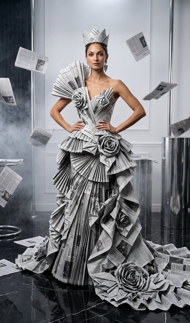 A woman in a haute couture dress made from newspapers, with a matching crown, stands elegantly in an indoor setting with floating newspaper pages.
