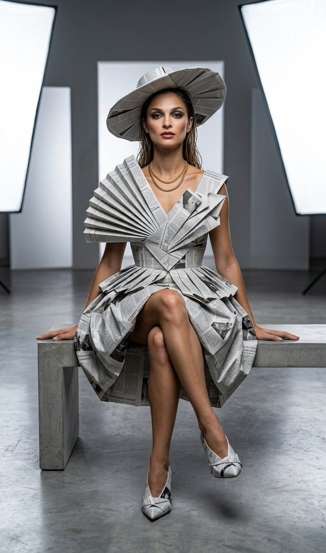 A woman in a dress and hat made from newspaper sits on a bench in a studio setting.