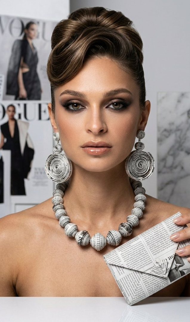 A woman with an elegant updo and dramatic eye makeup wears jewelry and holds a clutch made from newspaper, against a backdrop of fashion magazines.