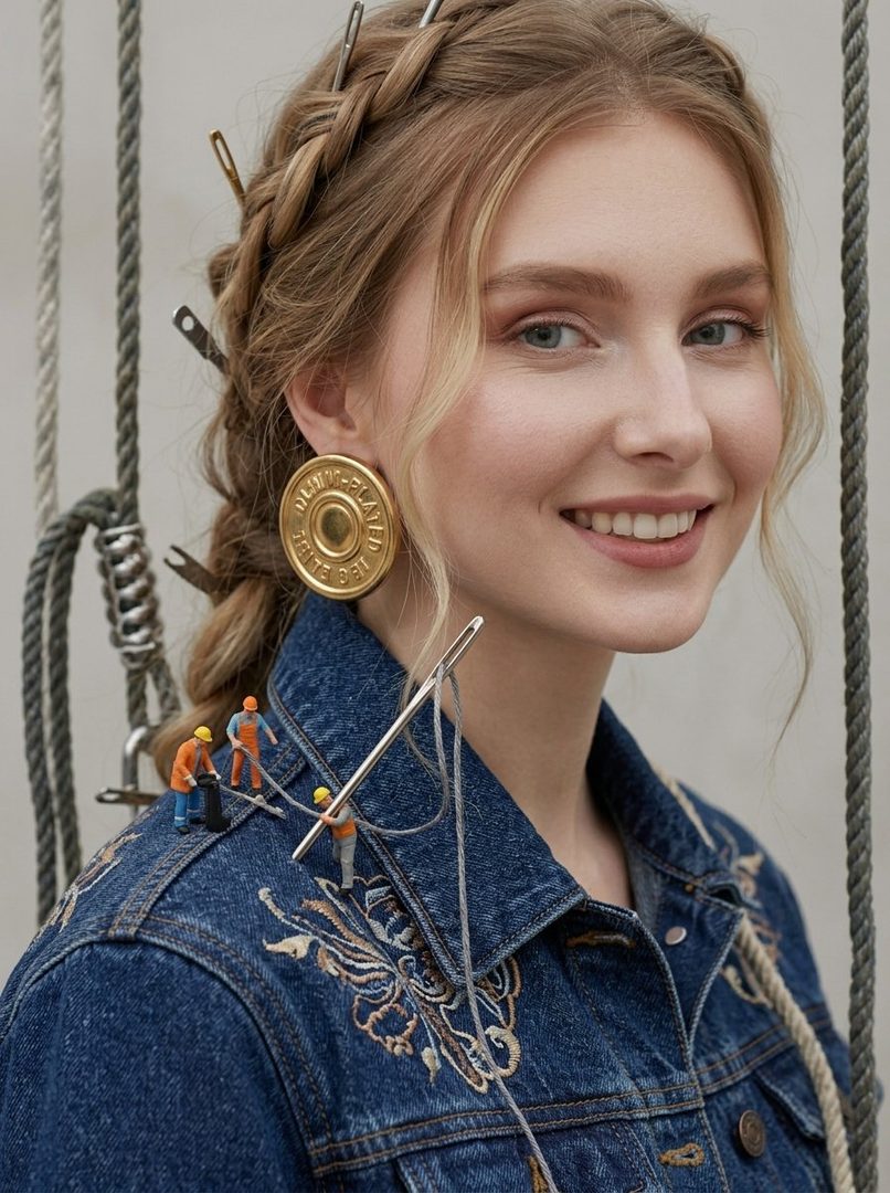 A blonde woman with braided hair and large gold earrings smiles while wearing a denim jacket with miniature figures appearing to stitch it.
