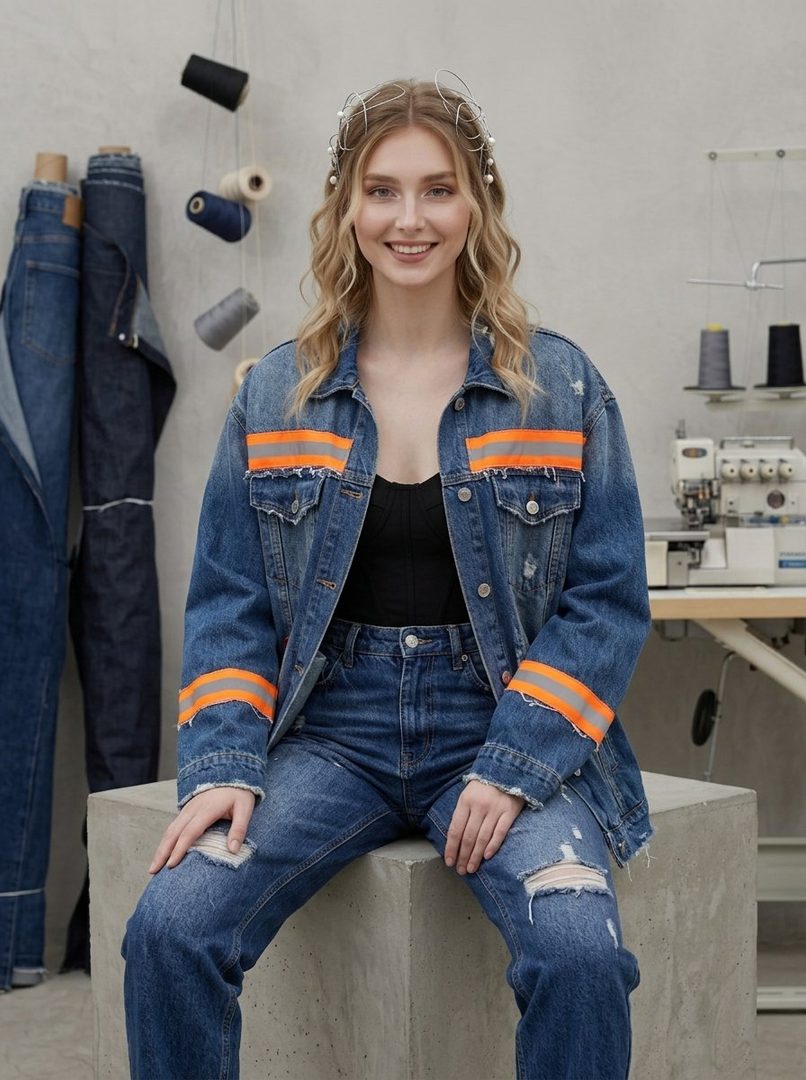A blonde woman wearing a denim jacket with orange stripes and ripped jeans smiles while sitting in an indoor setting with sewing supplies.