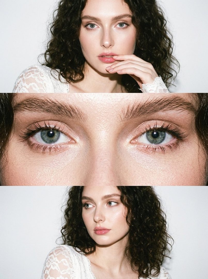 A photorealistic portrait of a woman with curly brown hair and light eyes, wearing a white lace top, presented in a triptych layout.