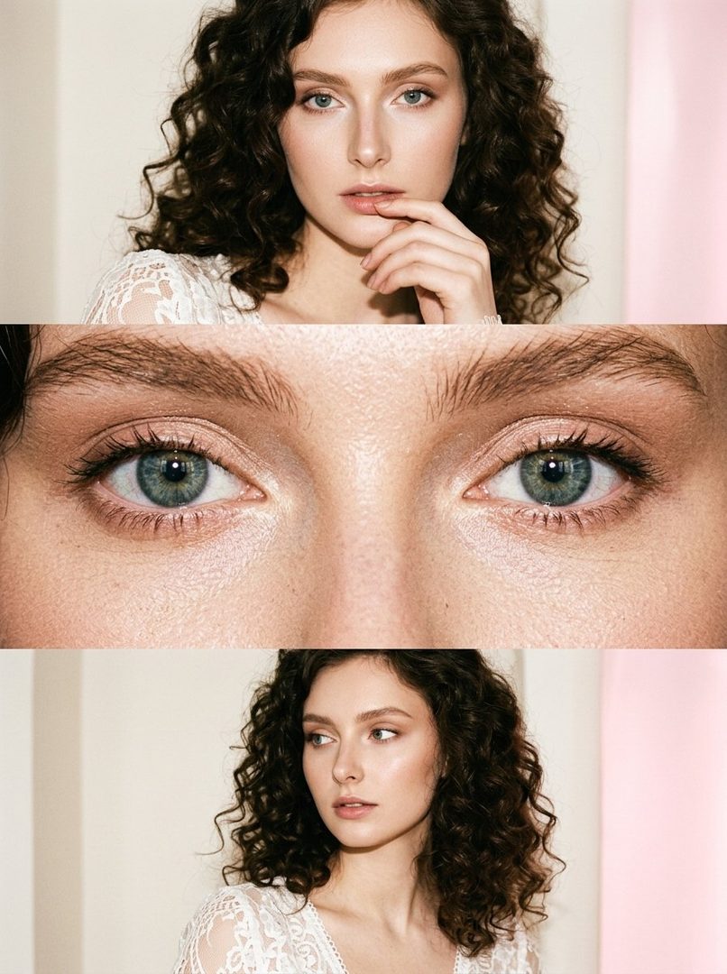 A photorealistic portrait of a woman with long curly brown hair and light eyes, wearing a white lace dress, looking thoughtfully at the camera.