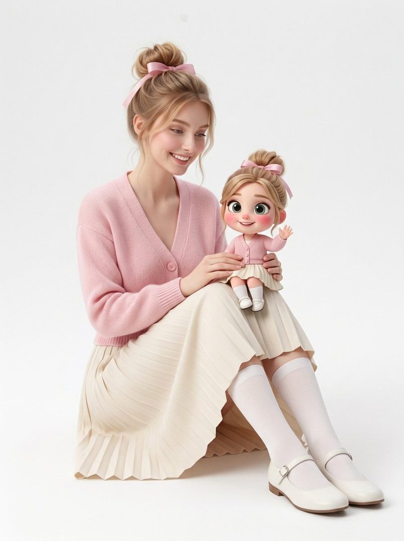 A photorealistic image of a young woman with blonde hair in a bun, wearing a pink cardigan and a pleated skirt, holding a cartoon doll that resembles her.