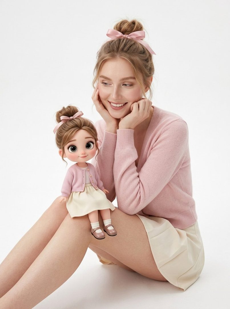 A smiling woman with blonde hair in a bun, wearing a pink sweater and a cream skirt, sits with a cartoon doll on her lap.