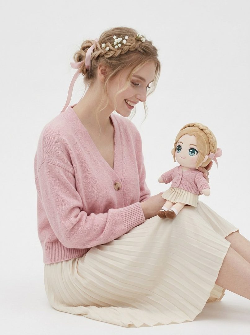 A blonde woman with braided hair and flowers in her hair, wearing a pink cardigan and a pleated skirt, smiles while holding a doll that resembles her.