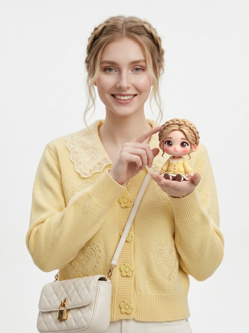 A smiling woman with braided blonde hair wears a yellow cardigan and holds a small doll that resembles her.