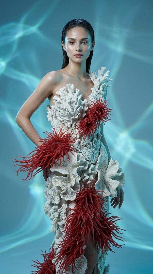 A woman models a unique coral-inspired dress with red anemone accents against a blue background with water reflections.
