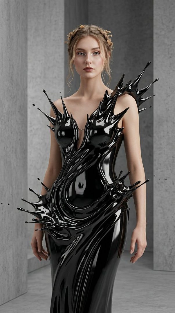 A woman with blonde braided hair wears a unique black ferrofluid-inspired dress in a photorealistic indoor setting.