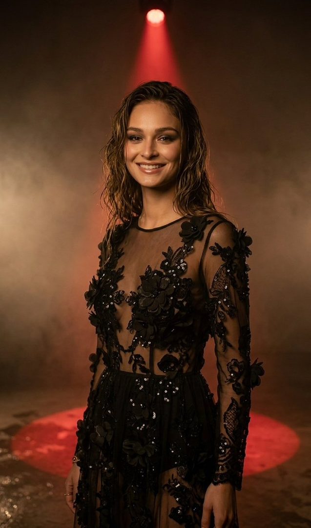 A woman with long brown wavy hair smiles while wearing a sheer black dress with floral embellishments under red spotlight.