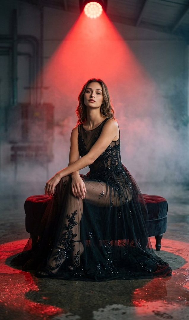 A woman in a black sheer dress with intricate embroidery sits under a red spotlight in a moody indoor setting.