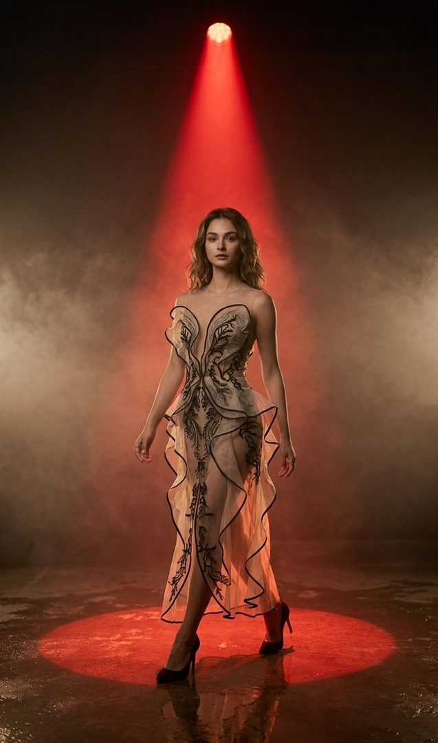 A woman in an elegant, sheer dress with black embroidery stands under a red spotlight in a smoky studio.