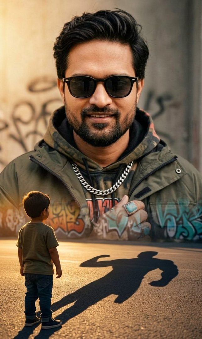 A young boy stands on a street looking at a large, superimposed image of a man wearing sunglasses and a hoodie, with the boy's shadow appearing as a muscular figure.