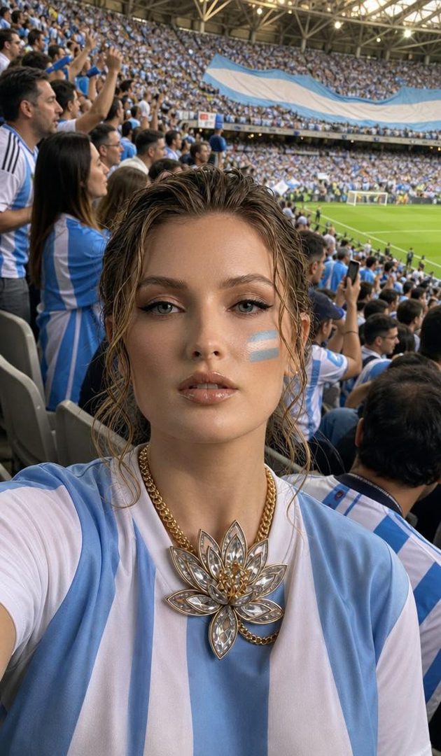 A woman with face paint of the Argentinian flag takes a selfie at a soccer stadium.