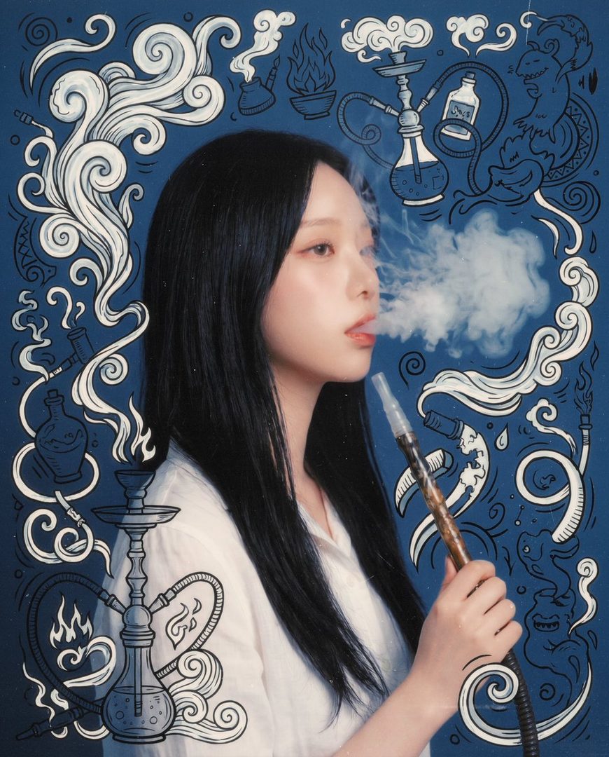 A woman with long black hair exhales smoke from a hookah, surrounded by blue background with white line art illustrations of smoke and hookah elements.